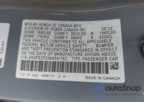 2022 Honda Civic Sport из США, поврежденный, VIN 2HGFE2F53NH591763